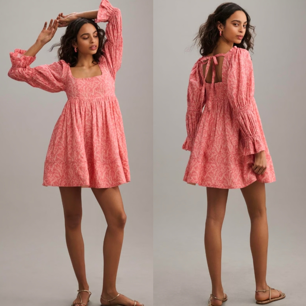 Anthropologie Pilcro Square Neck Long Sleeve Babydoll Dress S Pink Romantic